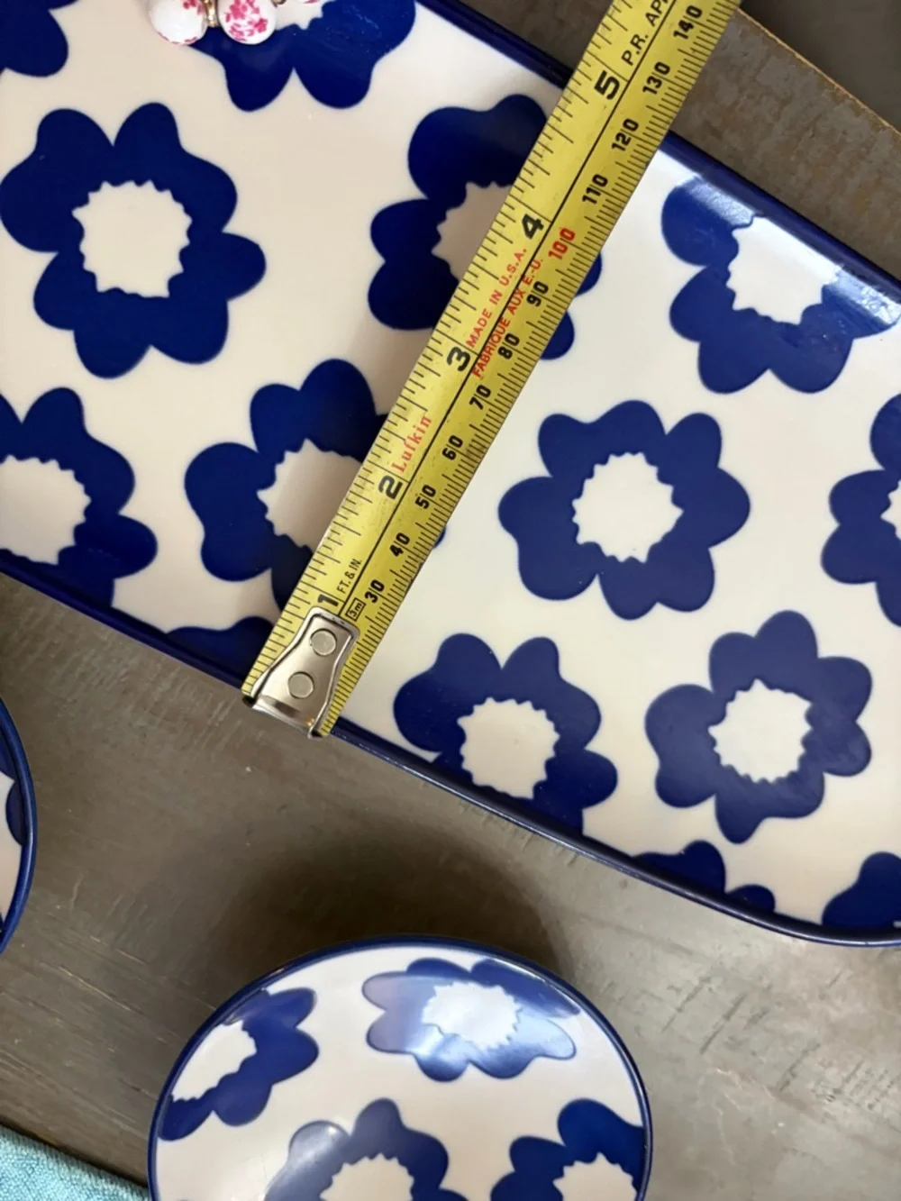 Blue Floral Ceramic Serving Platter with Two Matching Dipping Bowls - Picture 3 of 4